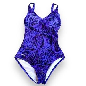 Speedo blue purple black one piece swimsuit rouched side